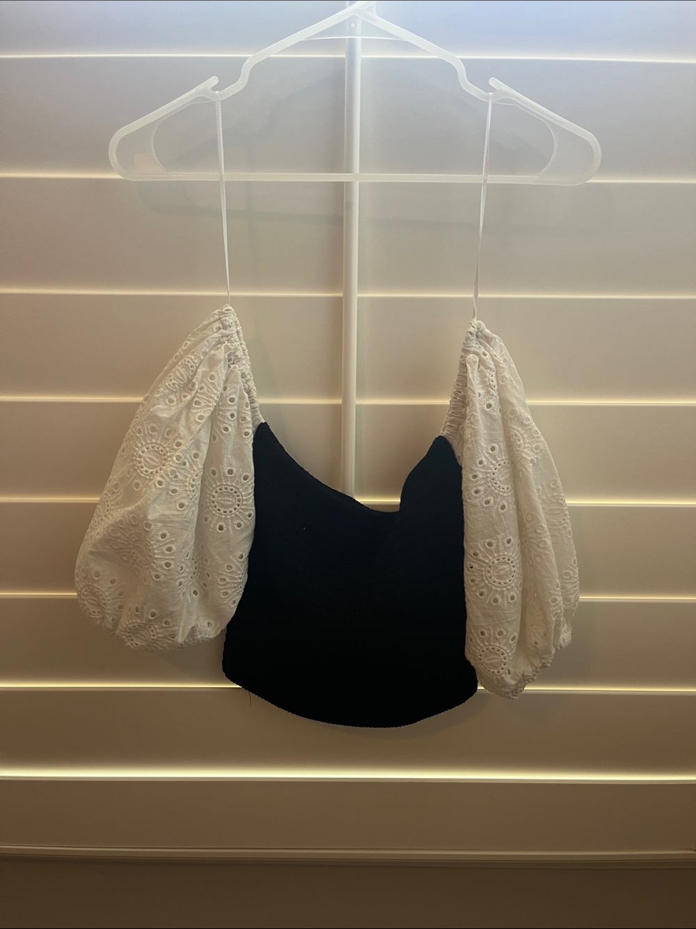 Zara Black Crop Tank with White Eyelet Puff Sleeves